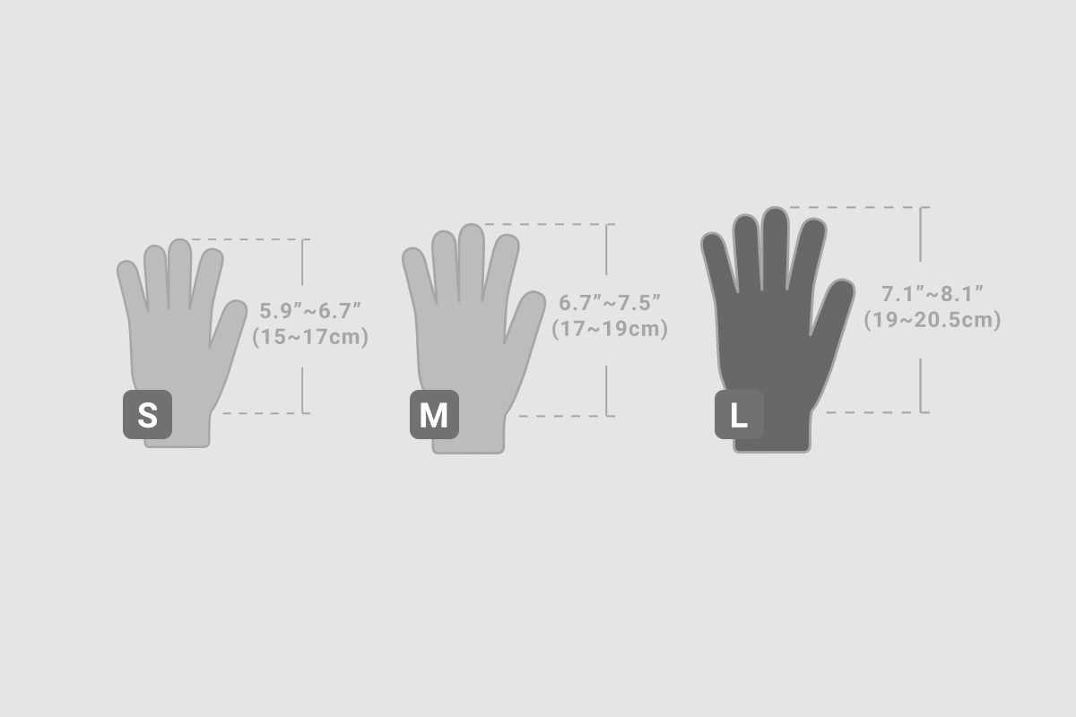 Nos gants Digits sont disponibles en trois tailles/couleurs : Gris clair (S/M) et gris foncé (L). Pour trouver votre taille, veuillez mesurer vos mains selon le tableau ci-dessus.