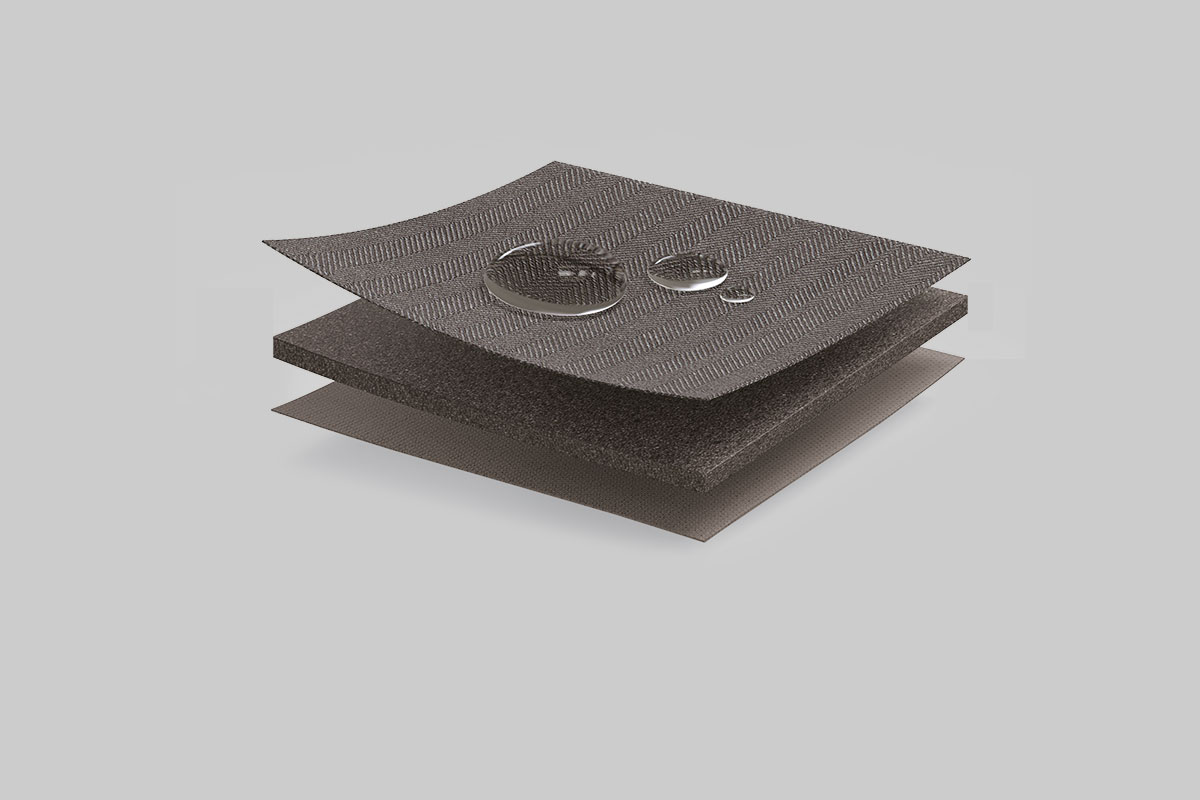 intérieur en élasthanne, couche intermédiaire en néoprène, revêtement extérieur en polyester à surface traitée.
