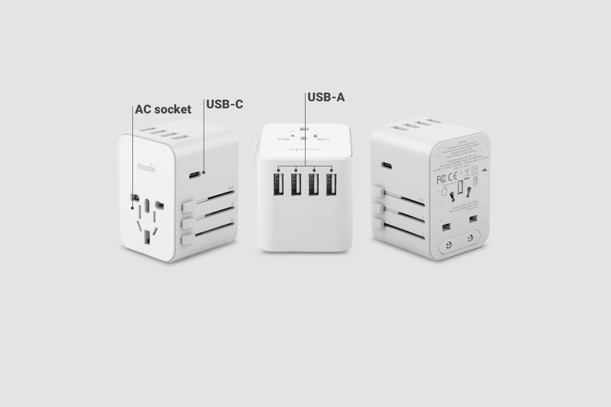 Gracias al toma corriente AC del adaptador, el puerto USB-C y a los cuatro puertos USB-A pueden cargar tu secador de cabello de viaje, iPhone, teléfono Android, batería portátil, Apple Watch y Nintendo Switch simultáneamente.