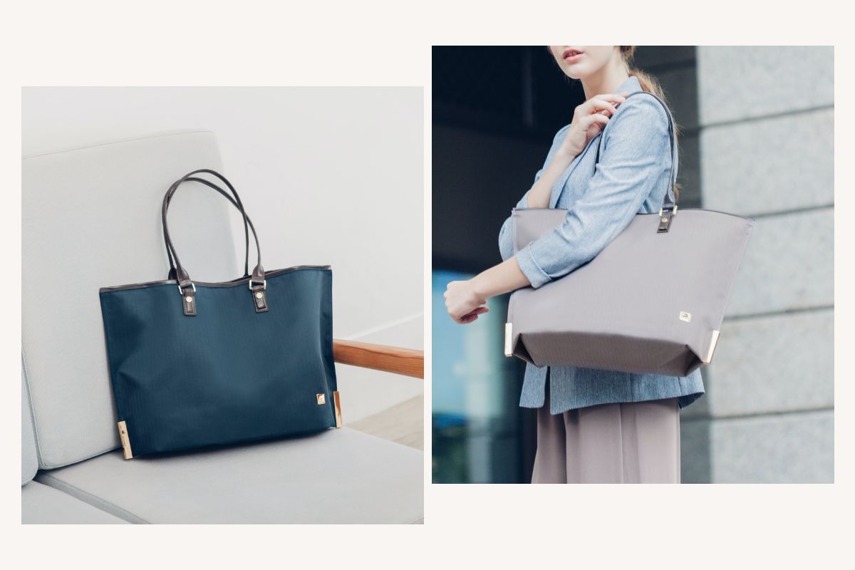 Aria is adorned in a sophisticated twill with sleek and minimalist details such as vegan leather accents and golden hardware and studs. Perfect for shoulder pain-free commutes to work, or drinks with friends.
