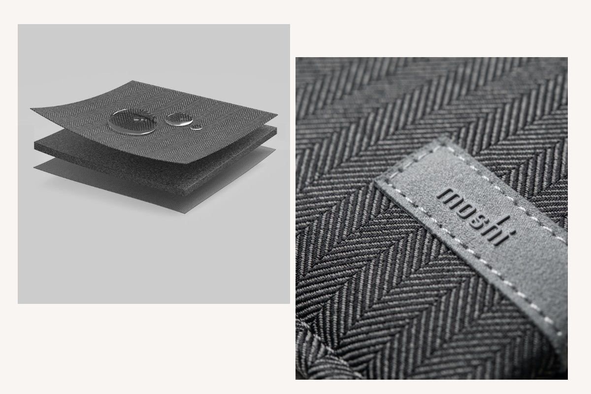 Ein weiches Innenfutter, das Ihr Gerät sorgfältig umschließt, eine Mittelschicht aus Neopren, um Stöße zu absorbieren, und eine stilvolle oberflächenbeschichtete Außenschicht aus Twill zum Schutz vor verschütteten Flüssigkeiten