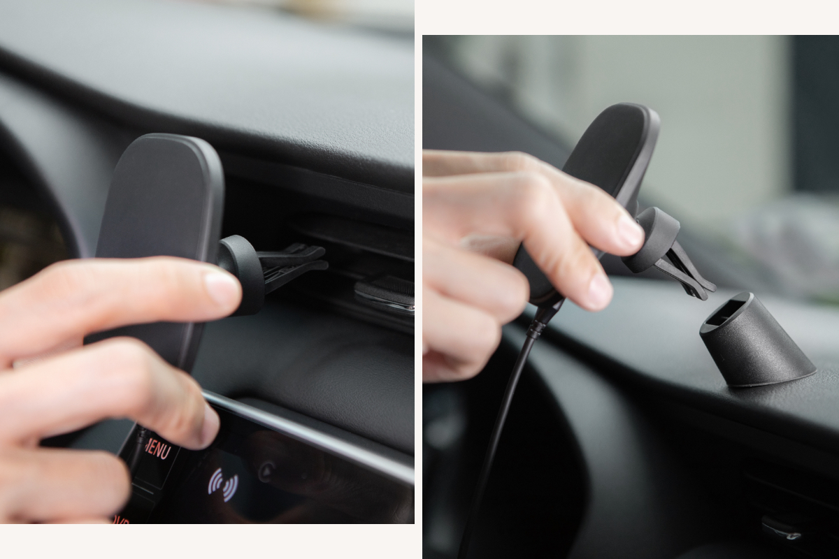 Installez votre téléphone dans votre voiture en utilisant le support pour grille d’aération ou l'adaptateur de tableau de bord.