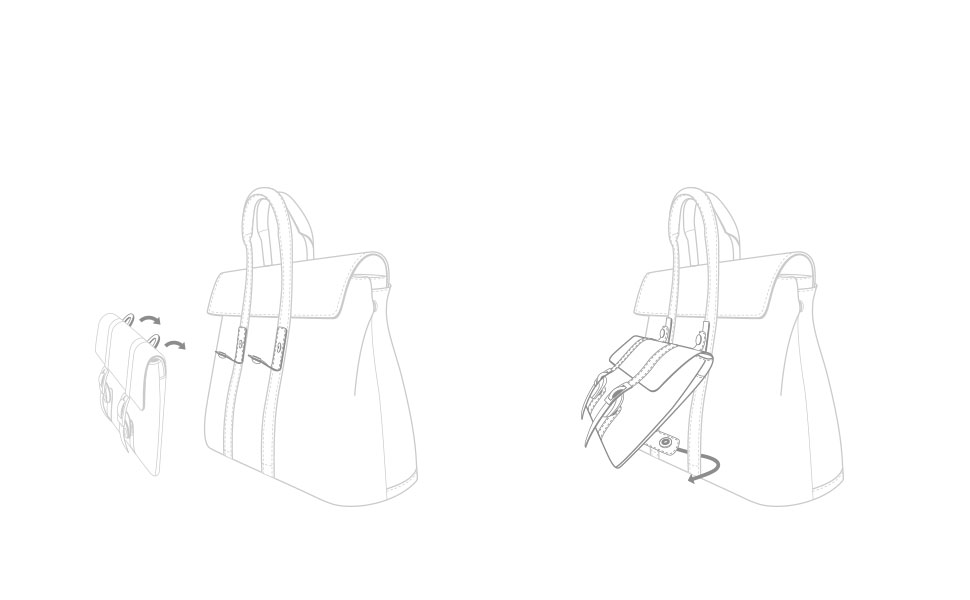 Lösen Sie die Schnappschlaufen, um die Treya Clutch an den Metallringen zu befestigen. Zum Schließen einrasten. Verbinden Sie die unteren Schnappschlaufen der Clutch mit den vertikalen Gurten der Tasche. Zum Schließen einrasten.