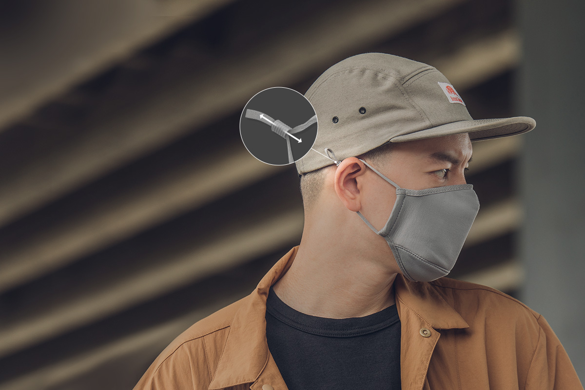 Anders als Gesichtsmasken mit Schnüren drücken unsere gepolsterten Ohrschlaufen nicht hinter den Ohren. Stellen Sie die Länge auf beiden Seiten ein, bis die Maske angenehm sitzt.