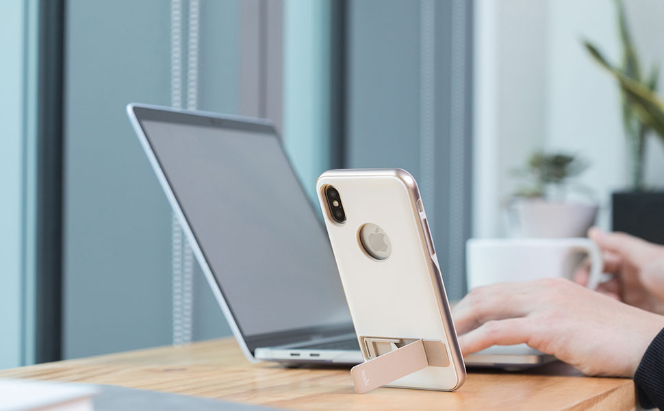 持たずに動画鑑賞ができる上にiPhoneをスタイルをスタイリッシュに保護するiPhone X用の洗練されたキックスタンドケース。